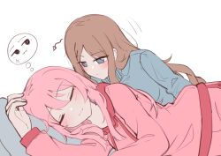 2girls absurdres bang_dream! bang_dream!_it&#039;s_mygo!!!!! blue_eyes blue_shirt blush brown_hair chihaya_anon closed_mouth commentary energy fang feigning_sleep highres hood hood_down hoodie long_hair long_sleeves mizzterbii multiple_girls nagasaki_soyo pajamas pink_hair pink_hoodie shirt sidelocks simple_background skin_fang white_background yuri
