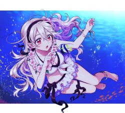 Rule 34 | 1girl, arm up, barefoot, bikini, bikini skirt, black hairband, black ribbon, blonde hair, blue background, bracelet, breasts, butterflyfish, collarbone, english text, eyelashes, feet, female corrin (fire emblem), female corrin (novice vacationer) (fire emblem), fire emblem, fire emblem fates, fire emblem heroes, fish, flower, freediving, frilled bikini, frills, full body, hair between eyes, hair flower, hair ornament, hairband, hand up, highres, hiyori (rindou66), jewelry, large breasts, legs, letterboxed, long hair, nintendo, official alternate costume, open mouth, pointy ears, red eyes, revision, ribbon, shadow, sidelocks, solo, swimming, swimsuit, thigh strap, thighs, toes, tropical fish, underwater, water, watermark, white bikini