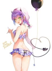 1girl :d alternate_costume ass back_bow balloon bikini bikini_skirt black_bow black_ribbon blush bow bow_bikini bow_choker braid breasts butt_crack choker clothing_cutout commentary cowboy_shot dated demon_girl demon_horns demon_tail eyes_visible_through_hair frilled_bikini frills from_behind green_eyes hair_ornament hair_ribbon hairclip highres holding holding_balloon hololive horns kintotomaturi looking_at_viewer looking_back open_mouth piercing plaid_bikini plaid_bow plaid_clothes pointing purple_bikini purple_bow ribbon shoulder_blades signature simple_background small_breasts smile solo sweat swimsuit tail tail_ornament tail_piercing tail_through_clothes tokoyami_towa turning_head virtual_youtuber white_background white_bow white_choker