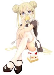1girl apron black_dress black_panties blonde_hair blue_eyes cake cake_slice can crossed_ankles double_bun dress food fork full_body glasses hair_bun holding holding_can holding_fork long_hair looking_at_viewer maid ohgnokuni original panties round_eyewear simple_background sitting solo underwear very_long_hair white_apron white_background