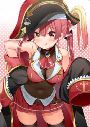 1girl :p absurdres anchor_symbol arrow_through_heart ascot belt bicorne black_coat black_hat black_thighhighs blush breasts brooch cleavage coat contrapposto covered_navel cowboy_shot cropped_jacket eyebrows_hidden_by_hair gold_trim gradient_background hair_between_eyes hair_ribbon hand_on_own_hip hat heart heterochromia highres hololive houshou_marine jacket jewelry large_breasts leaning_forward leotard long_hair long_sleeves looking_at_viewer off_shoulder open_clothes open_coat pirate_hat piyopoyo pleated_skirt polka_dot polka_dot_background red_ascot red_background red_eyes red_hair red_jacket red_ribbon red_skirt ribbon see-through_clothes see-through_cleavage see-through_leotard skirt sleeveless sleeveless_jacket sleeves_past_fingers sleeves_past_wrists solo thighhighs tongue tongue_out twintails two-tone_background virtual_youtuber white_background yellow_eyes zettai_ryouiki