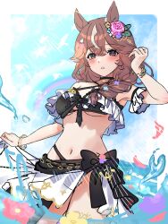 1girl alternate_costume animal_ears blush braid breasts cleavage closed_mouth collarbone curren_bouquetd&#039;or_(umamusume) flower grey_eyes hair_flower hair_ornament highres horse_ears lens_flare looking_at_viewer low_twin_braids navel nyanto!_(nyandarfull) ocean ribbon sky small_breasts solo swimsuit twin_braids umamusume