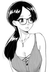 1girl aliasing bare_arms bare_shoulders breasts cleavage commission face_piercing female_focus glasses greyscale highres jewelry long_hair looking_away looking_to_the_side medium_breasts monochrome norman_maggot nose_piercing nose_ring original parted_bangs parted_lips pendant piercing real_life septum_ring simple_background solo upper_body white_background