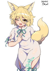 1girl absurdres animal_ears blonde_hair breasts chups dated dress fang fox_ears fox_girl fox_tail hair_between_eyes hand_on_own_tail highres kudamaki_tsukasa looking_at_viewer medium_hair open_mouth short_sleeves signature small_breasts smile solo sweat tail touhou wet white_background white_dress yellow_eyes