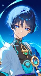 Rule 34 | 1boy, anemo symbol (genshin impact), arms at sides, aura, black bodysuit, black bow, black hair, blue cape, blue eyes, blue gemstone, blue hair, blue kimono, blue sleeves, blue trim, blunt ends, bodysuit, bow, bright pupils, cape, covered collarbone, feathers, gem, genshin impact, glowing, glowing eyes, glowing markings, gold, highres, japanese clothes, juban, kimono, layered sleeves, looking at viewer, male focus, mandarin collar, open clothes, open kimono, pom pom (clothes), ren hasu, scaramouche (genshin impact), short sleeves, shoulder peek, sidelighting, solo, upper body, vision (genshin impact), wanderer (genshin impact), white kimono, white pupils, white sleeves, wind, wispy bangs, yellow feathers