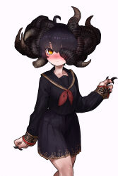 1girl absurdres ahoge black_hair black_horns black_nails black_sailor_collar black_serafuku black_shirt black_skirt blush breasts closed_mouth collarbone commentary_request cowboy_shot curled_horns ekrea_jan elden_ring embarrassed genderswap genderswap_(mtf) highres horns long_sleeves medium_breasts missing_eye mohg_lord_of_blood monster_girl multiple_horns neckerchief nose_blush orange_eyes pleated_skirt red_neckerchief sailor_collar school_uniform serafuku shirt simple_background skirt solo standing very_long_fingernails white_background