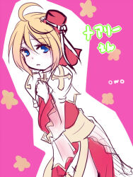 1boy ahoge arch_bishop_(ragnarok_online) blonde_hair closed_mouth commentary_request cowboy_shot cross crossdressing dress frown hat juliet_sleeves long_sleeves looking_at_viewer male_focus mini_hat mini_top_hat pink_background puffy_sleeves ragnarok_online red_dress red_hat sash short_hair solo top_hat trap two-tone_dress white_dress yamai._(alpinum) yellow_sash