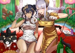 2girls :o absurdres animal_ear_hairband animal_ears animal_hands animal_print arm_support armpit_crease asymmetrical_horns bare_arms black_dog black_hair black_shoes braid breasts brown_eyes brown_horns bun_cover calligraphy calligraphy_brush cerberus china_dress chinese_clothes chinese_zodiac claws cleavage commentary_request covered_navel dark_skin demon_girl demon_horns demon_tail double_bun dress empty_bottle eyelashes fake_animal_ears floating_hair gloves hair_bun hairband hand_up hands_up high_heels highres holding holding_calligraphy_brush holding_paintbrush honey_strap horns kneeling large_breasts long_hair long_sidelocks looking_at_viewer medium_breasts medium_dress mole mole_under_mouth monkey multiple_girls nanashi_inc. new_year open_mouth orange_gloves paintbrush paw_gloves platform_heels pointy_ears purple_eyes round_window saionji_mary sankyo_(821-scoville) see-through_cleavage see-through_clothes shimamura_charlotte shoes short_sleeves side_slit sidelocks sitting sleeveless sleeveless_dress stiletto_heels table tail tiger_ears tiger_print uneven_horns virtual_youtuber white_dress white_gloves white_tiger_print window year_of_the_tiger yellow_dress