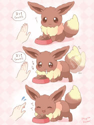 1other :3 :d artist_name bilingual_text blush bowl brown_eyes brown_fur checkered_background closed_mouth commentary_request disembodied_hand drooling eating eevee english_text flying_sweatdrops gen_1_pokemon highres mixed-language_text mugita_konomi nintendo open_mouth pet_bowl pet_food pink_background pokemon pokemon_(creature) smile sparkling_eyes