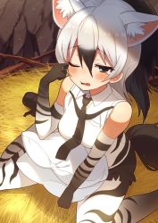 1girl aardwolf_(kemono_friends) animal_ears animal_print bare_shoulders black_hair black_necktie black_shorts blush collared_shirt commentary_request elbow_gloves extra_ears from_above gloves hair_between_eyes highres kamuraaa_615 kemono_friends multicolored_hair necktie nest one_eye_closed pantyhose pillow ponytail print_gloves print_pantyhose rubbing_eyes shirt short_hair short_shorts shorts sitting sleeveless solo tail tearing_up two-tone_hair wariza white_hair white_shirt