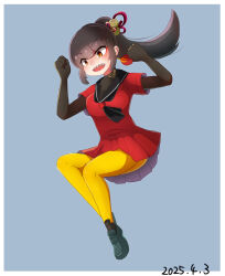 Rule 34 | 1girl, alice soft, black gloves, black hair, black neckerchief, black sailor collar, black shoes, blunt bangs, dohna dohna issho ni warui koto o shiyou, dress, elbow gloves, full body, gloves, hair ornament, highres, jumping, leggings, looking down, maumau (totemicmaul), neckerchief, open mouth, pleated dress, ponytail, red dress, red eyes, sailor collar, sharp teeth, shoes, simple background, solo, teeth, tsuina (dohna dohna), yellow leggings