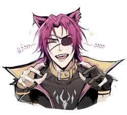 1boy animal_ears belt_collar black_gloves black_jacket black_nails black_shirt cat_ears closed_eyes collar earrings eyepatch fangs fingerless_gloves fingernails gao gloves heartsteel_kayn highres jacket jewelry kayn_(league_of_legends) league_of_legends light_blush male_focus nail_polish open_mouth parted_bangs purple_hair shirt single_fingerless_glove smile solo upper_body zyrophin