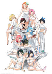 6+girls barefoot bikini black_hair character_request dress everyone full_body kanojo_okarishimasu midriff miyajima_reiji mizuhara_chizuru multicolored_hair multiple_girls nanami_mami official_art pink_hair sakurasawa_sumi sarashina_ruka selfie_stick shiunji-ke_no_kodomotachi short_hair simple_background streaked_hair swimsuit white_background white_dress yaemori_mini