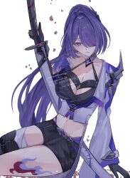 Rule 34 | 1girl, acheron (honkai: star rail), black shorts, breasts, cleavage, coat, crop top, falling petals, hair over one eye, highres, holding, holding sword, holding weapon, honkai: star rail, honkai (series), large breasts, leg tattoo, long hair, midriff, navel, nukoxx 02, petals, ponytail, purple eyes, purple hair, short shorts, shorts, simple background, solo, sword, tattoo, thighs, weapon, white background, white coat