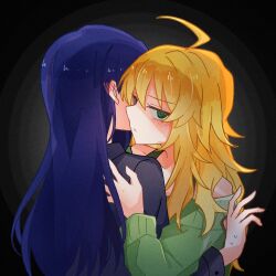 2girls ahoge black_background black_shirt blonde_hair blue_hair blush chiwawa174 closed_mouth glaring green_eyes green_sweater highres hoshii_miki hug idolmaster idolmaster_(classic) jitome kisaragi_chihaya long_hair long_sleeves looking_at_viewer multiple_girls partially_shaded_face shirt sweater upper_body