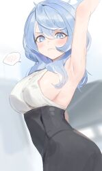 1girl absurdres ako_(blue_archive) arm_up armpits black_skirt blue_archive blue_eyes blue_hair blue_halo blurry blurry_background blush breasts commentary hair_between_eyes halo high-waist_skirt highres large_breasts looking_at_viewer medium_hair presenting_armpit rang_go shirt sideboob skirt sleeveless sleeveless_shirt solo sweat symbol-only_commentary v-shaped_eyebrows white_shirt