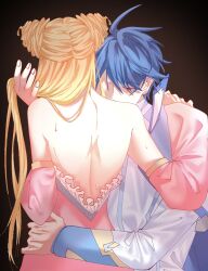 1boy 1girl ahoge backless_outfit black_background blonde_hair blue_hair couple double_bun dress drill_hair hair_bun hetero highres hug lan_ruobing lan_ruobing_(pristess) long_hair long_sleeves lune_alizee pink_dress short_hair sitting twin_drills ye_feng_(zhandou_wang_zhi_jufeng_zhan_hun) zhandou_wang_zhi_jufeng_zhan_hun