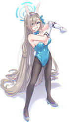 Rule 34 | 1girl, absurdly long hair, animal ear hairband, animal ears, asuna (blue archive), asuna (bunny) (blue archive), bare shoulders, black pantyhose, blonde hair, blue archive, blue bow, blue bowtie, blue eyes, blue halo, blue leotard, blue ribbon, bow, bowtie, breasts, commentary request, detached collar, fake animal ears, fake tail, full body, gloves, grey shoes, grin, hair ribbon, hairband, halo, hand on own elbow, high heels, highres, karahai (31448823), large breasts, leotard, long hair, looking at viewer, mole, mole on breast, pantyhose, playboy bunny, rabbit ear hairband, rabbit ears, rabbit tail, ribbon, shadow, shoes, simple background, smile, solo, standing, strapless, strapless leotard, tail, very long hair, white background, white gloves