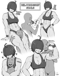 1boy 1girl abs absurdres ahoge bare_arms bare_legs bare_shoulders biceps blush book breasts cleavage_cutout clothing_cutout collarbone english_text greyscale hair_between_eyes hand_on_own_hip hands_on_another&#039;s_thighs head_between_thighs highres holding holding_book hug large_breasts light_smile looking_at_another monochrome muscular muscular_female naughty_face navel obliques open_mouth original pen short_hair sketch sketchbook smile speedl00ver sports_bra thick_thighs thighs toned underwear white_background wristband