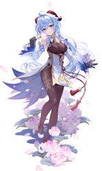 1girl ahoge bare_shoulders bell black_pantyhose blue_gloves blue_hair breasts detached_sleeves feiwing flower full_body ganyu_(genshin_impact) genshin_impact gloves gold_trim high_heels highres holding holding_flower horns jewelry long_hair looking_at_viewer lotus low_ponytail medium_breasts neck_bell pantyhose petals ponytail purple_eyes red_rope rope sidelocks smile solo standing tassel thighlet waist_cape white_sleeves