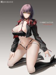 1girl absurdres artist_name black_boots black_bra black_collar black_jacket black_panties boots bra breasts brown_eyes closed_mouth collar commentary english_commentary full_body grey_background high_heel_boots high_heels highres jacket knee_boots kneeling large_breasts lips long_hair long_sleeves looking_at_viewer louu_heroo nail_polish navel open_clothes open_jacket original panties purple_hair race_queen red_nails sideboob sidelocks simple_background solo thighs underwear