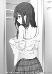 1girl artist_name bare_shoulders bra breasts closed_mouth clover_hair_ornament commentary_request copyright_name copyright_notice danjo_no_yuujou_wa_seiritsu_suru? enomoto_rion four-leaf_clover_hair_ornament from_behind greyscale hair_ornament hairclip highres indoors locker locker_room long_hair miniskirt monochrome novel_illustration off_shoulder official_art parum39 plaid_clothes plaid_skirt pleated_skirt profile school_uniform second-party_source shirt skirt solo standing underwear