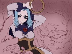 1boy 1girl beard blue_eyes blue_hair breasts dress facial_hair flat_color framed_breasts grin hood hoop jewelry kesa kumoi_ichirin long_sleeves looking_at_viewer miata_(miata8674) pendant ring short_hair smile texture touhou unzan upper_body