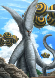 Rule 34 | alien, beak, blue sky, cannon, cloud, colored sclera, daiei motion picture, day, directed-energy weapon, dirt, energy cannon, energy weapon, gamera (series), gamera vs. viras, giant, giant monster, hill, hisha maru, kaiju, monster, octopus, red eyes, sky, space monster, spaceship, squid, tendril, tentacles, tree, ufo, viras, viras ufo, yellow sclera