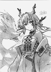 Rule 34 | 1girl, absurdres, arknights, artist name, ballpoint pen (medium), bare shoulders, closed mouth, cowboy shot, dragon girl, dragon horns, greyscale, hair between eyes, hair intakes, highres, horns, jacket, jewelry, looking at viewer, monochrome, necklace, off shoulder, pen (medium), pointy ears, shako xc, shu (arknights), signature, solo, standing, strapless, traditional media, tube top