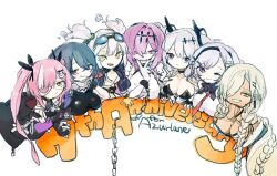 6+girls :q amo_4 anniversary azur_lane black_choker black_hair black_ribbon blonde_hair breasts chain chibi chibi_only choker cleavage copyright_name dark-skinned_female dark_skin eyepatch goggles goggles_on_head hair_over_one_eye hair_ribbon heart heart_eyepatch highres joffre_(azur_lane) large_breasts long_braid long_hair looking_at_viewer multiple_girls one_eye_closed owari_(azur_lane) pink_eyes pink_hair pittsburgh_(azur_lane) poltava_(azur_lane) purple_eyes reno_(azur_lane) ribbon short_twintails simple_background tongue tongue_out twintails u-96_(azur_lane) v v_over_mouth white_background white_hair yellow_eyes z47_(azur_lane)
