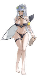 Rule 34 | 1girl, absurdres, barefoot, between breasts, bikini, black bikini, black choker, blue flower, blush, breasts, choker, cleavage, closed mouth, commentary, commentary request, doya (qkrdbseh1205), earrings, english commentary, eyewear on head, feet, flower, frilled bikini, frills, full body, girls&#039; frontline, girls&#039; frontline 2: exilium, hair flower, hair ornament, heart, heart choker, highres, hk416 (girls&#039; frontline), holding, holding sandals, holding surfboard, jewelry, klukai (girls&#039; frontline 2), korean commentary, large breasts, long hair, looking at viewer, navel, off shoulder, official alternate costume, purple flower, sandals, see-through clothes, see-through shirt, shirt, simple background, solo, stomach, sunglasses, surfboard, swimsuit, tattoo, teardrop facial mark, teardrop tattoo, toes, visor cap, white background, white flower, white hair, yellow eyes