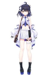 1girl ahoge bag beret black_gloves black_shoes blue_hair blue_necktie brown_bag collared_shirt colored_inner_hair full_body gloves hair_ribbon half-skirt hat heart heart_o-ring highres jacket kosuzu_lian mixstgirls multicolored_hair navel necktie o-ring official_art one_side_up ribbon shirt shoes shoulder_bag simple_background sleeveless sleeveless_shirt sleeves_past_wrists solo standing tachi-e thigh_strap tie_clip toshizou_(0714) transparent_background virtual_youtuber white_hat white_jacket white_ribbon yellow_eyes zipper_pull_tab