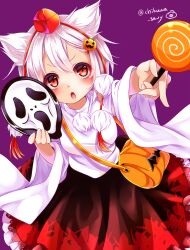 1girl :o animal_ears bag black_skirt blush breasts candy chikuwa_savy commentary_request cowboy_shot detached_sleeves double-parted_bangs food food-themed_hair_ornament ghostface hair_ornament halloween hat holding holding_candy holding_food holding_lollipop inubashiri_momiji large_breasts lollipop long_sleeves looking_at_viewer open_mouth orange_bag pom_pom_(clothes) print_skirt pumpkin_hair_ornament purple_background red_eyes red_hat scream_(movie) shirt short_hair shoulder_bag simple_background skirt solo swirl_lollipop tokin_hat touhou twitter_username white_hair white_shirt wide_sleeves wolf_ears wolf_girl
