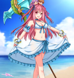 1girl 20nigu adapted_costume bangle bikini bikini_skirt blue_bow blue_ribbon blue_sky blurry blurry_background blush bow bracelet breasts cleavage cloud commentary_request commission doll_on_head feet_out_of_frame frilled_skirt frills hair_ribbon jewelry long_hair looking_at_viewer medium_breasts navel ocean open_mouth outdoors paid_reward_available pink_eyes pink_hair pink_ribbon ragnarok_online ribbon skeb_commission skirt skirt_hold sky smile solo staff standing swimsuit trouvere_(ragnarok_online) two_side_up white_bikini white_skirt