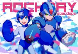 2boys android arm_cannon arm_up armor blue_armor blue_bodysuit blue_eyes blue_helmet bodysuit clenched_hands confetti dated forehead_jewel gloves green_eyes guutara helmet looking_at_viewer male_focus mega_man_(character) mega_man_(classic) mega_man_(series) mega_man_day mega_man_x_(series) multiple_boys open_mouth robot robot_ears signature smile teeth upper_teeth_only weapon white_background white_gloves x_(mega_man)