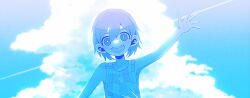 1boy :d arm_at_side arm_up bare_arms bare_shoulders blue_eyes blue_hair blue_sky blue_theme bright_pupils child cloud colored_skin cumulonimbus_cloud day double-parted_bangs film_grain hair_between_eyes hashtag-only_commentary head_tilt kel_(headspace)_(omori) kel_(omori) male_focus my_loleeta omori open_mouth outdoors short_hair sky smile solo straight-on tank_top teeth upper_body upper_teeth_only waving white_pupils white_skin