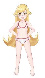 1girl bare_legs bare_shoulders barefoot blonde_hair bra breasts cameltoe collarbone eyebrows_hidden_by_hair eyelashes fang female_focus full_body hands_on_own_hips loli looking_at_viewer matching_hair/eyes meemz_a monogatari_(series) navel open_mouth oshino_shinobu panties pointy_ears red_bra red_panties simple_background skin_fang small_breasts smile smug solo standing toes two-tone_bra two-tone_panties underwear underwear_only vampire variant_set white_background white_bra white_panties yellow_eyes