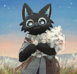 1boy :3 animal_ears bag black_eyes blue_coat cat cat_boy cat_ears coat field flower flower_field furry furry_male holding holding_flower looking_at_viewer nabatabatabata original outdoors shoulder_bag smile solo standing