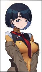 1girl absurdres blue_eyes blue_hair blunt_bangs blush_stickers bob_cut bodysuit breasts bright_pupils brown_jacket commentary gundam gundam_gquuuuuux highres inset_border jacket kei_(soundcross) large_breasts light_smile looking_at_viewer mecha_pilot_suit necktie no_sclera normal_suit_(gundam) off_shoulder open_clothes open_jacket parted_lips red_necktie shiiko_sugai short_hair simple_background skin_tight solo spacesuit upper_body white_background white_pupils yellow_bodysuit