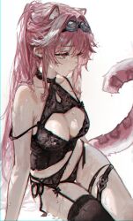 Rule 34 | 1girl, absurdres, animal ears, black garter belt, black panties, black thighhighs, breasts, chromatic aberration, cleavage, collarbone, commentary, extra ears, garter belt, goggles, goggles on head, hair intakes, highres, hololive, hololive english, k at ie (hxk82), large breasts, lingerie, long hair, looking ahead, multicolored hair, navel, open mouth, panther ears, panther girl, panther tail, panties, pink hair, raora panthera, simple background, single thighhigh, sitting, solo, stomach, strap slip, streaked hair, tail, thigh strap, thighhighs, thighs, underwear, virtual youtuber, white background, yellow eyes