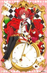 1boy antenna_hair blue_eyes card clock coat_dress crown dress flower heart_antenna_hair highres jacket kwakah male_focus pot red_hair riddle_rosehearts rose short_hair simple_background smile twisted_wonderland