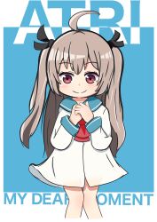 Rule 34 | 1girl, absurdres, ahoge, ascot, atri, atri-my dear moments-, black ribbon, blue background, blue sailor collar, blush stickers, brown hair, chibi, chibi only, closed mouth, commentary request, copyright name, dress, eryuus3, eyelashes, feet out of frame, hair between eyes, hair ribbon, hands up, happy, highres, long hair, long sleeves, looking at viewer, own hands together, red ascot, red eyes, ribbon, sailor collar, sailor dress, sidelocks, simple background, smile, solo, split mouth, standing, straight hair, two side up, very long hair, white dress, wide sleeves