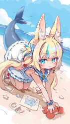 1girl absurdres animal_ear_fluff animal_ears beach blonde_hair blue_eyes blue_hair blue_sky cat_ears cloud commentary crab dress english_commentary fang fins fish_girl fish_tail highres indie_virtual_youtuber kolshica long_hair low_twintails multicolored_hair paper sameko_saba sand skin_fang sky sleeveless sleeveless_dress solo streaked_hair tail twintails very_long_hair virtual_youtuber water white_dress