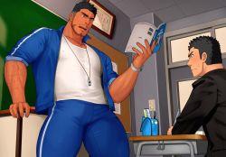 2boys age_difference bara black_hair classroom coach facial_hair male_focus multiple_boys muscular sakuramarusan school school_uniform sexual_coaching sportswear tagme teacher teacher_and_student undressing yaoi