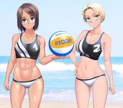 2girls abs absurdres ball beach beach_volleyball bikini black_hair blonde_hair blue_eyes blue_sky breasts commentary_request day glasses hand_on_own_hip highres holding holding_ball horizon large_breasts mismatched_bikini multicolored_hair multiple_girls ocean original outdoors sky sports_bikini streaked_hair swimsuit takafumi tan variant_set volleyball_(object)