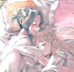 Rule 34 | 2girls, bell, black hair, brown hair, closed eyes, multiple girls, nagatasanzui, neck bell, original, pillow, sleeping, upper body
