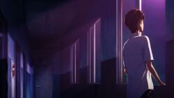 1boy belt_pouch blue_pants chuo_tanegashima_high_school_uniform collared_shirt dim_lighting door exit_sign fireworks fukuda_tomonori game_cg highres indoors looking_to_the_side night non-web_source official_art pants pouch red_hair robotics;notes school_uniform shirt short_sleeves solo white_shirt windowsill yashio_kaito