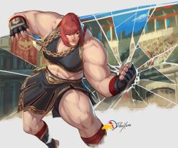 1girl artist_logo black_bra black_gloves black_skirt blue_eyes bra chain crack cracked_glass dash_xero fighting_stance gloves gold_chain highres logo marisa_(street_fighter) muscular muscular_female partially_fingerless_gloves red_hair short_hair skirt street_fighter street_fighter_6 underwear