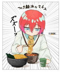 1girl amate_yuzuriha artist_name blue_eyes blue_shirt border bowl chopsticks collared_shirt commentary_request cup drinking_glass eating emphasis_lines food gundam gundam_gquuuuuux hair_between_eyes highres holding holding_chopsticks iknsk necktie noodles ramen red_hair shirt solo striped_necktie sweater translation_request twitter_username white_border white_sweater