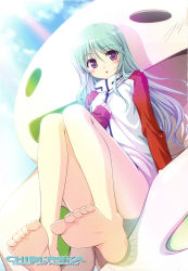 1girl :o alternate_costume alternate_hairstyle aqua_hair barefoot bekkankou blush bottomless censored convenient_censoring convenient_leg eureka_(eureka_seven) eureka_seven eureka_seven:_pocket_ga_niji_de_ippai eureka_seven_(series) feet foot_focus foreshortening from_below green_hair hair_down hand_on_own_chest highres long_hair looking_at_viewer nirvash purple_eyes rainbow soles toe_scrunch toes